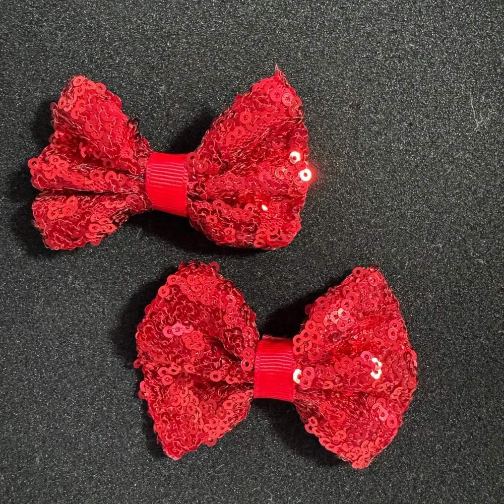 Happy Holidays Pair Of Small Bows Made With Sequins Red